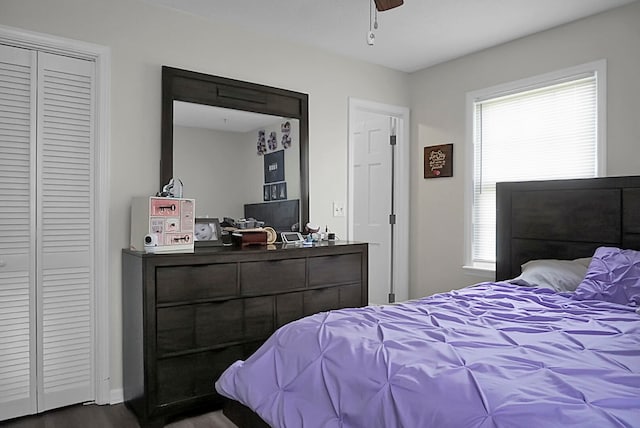 bedroom with dark hardwood / wood-style flooring, ceiling fan, and multiple windows