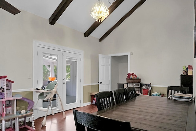 interior space featuring wood-type flooring, high vaulted ceiling, french doors, a chandelier, and beam ceiling