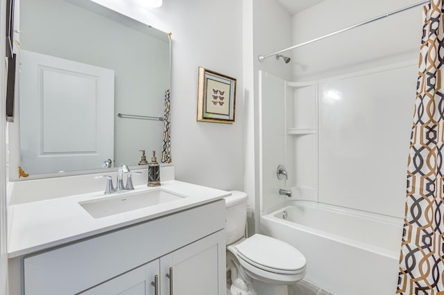 bathroom featuring vanity, shower / bath combination with curtain, and toilet