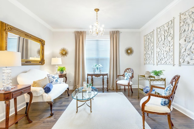 living area with a notable chandelier, ornamental molding, baseboards, and dark wood-style flooring