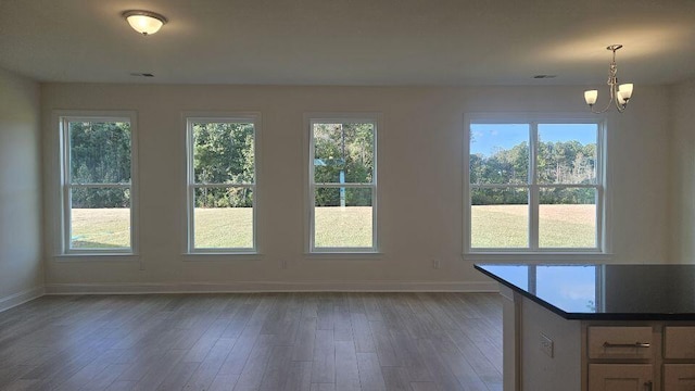 259 Huguenot Trl, Huger, SC 29450 - unfurnished dining area with plenty of natural light, a chandelier, and dark wood-type flooring
