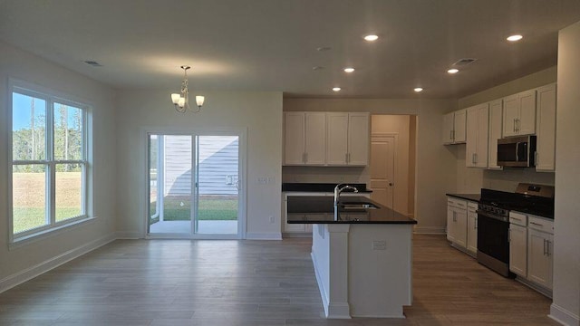 259 Huguenot Trl, Huger, SC 29450 - kitchen with appliances with stainless steel finishes, dark countertops, a chandelier, wood finished floors, and recessed lighting