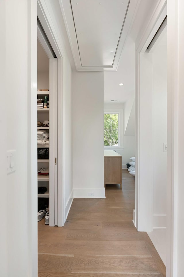 2538 Helmsman Rd, Johns Island, SC 29455 - corridor with attic access, baseboards, light wood-type flooring, and recessed lighting