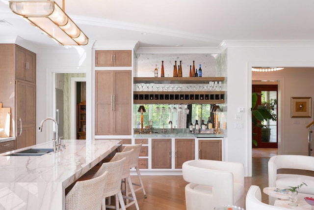 2538 Helmsman Rd, Johns Island, SC 29455 - bar featuring crown molding, light wood-type flooring, indoor wet bar, and a sink