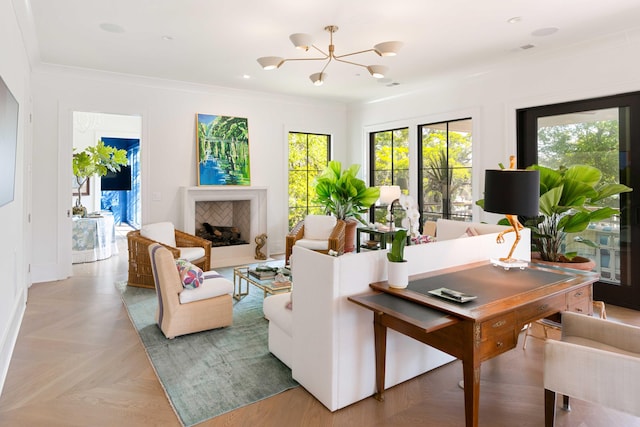2538 Helmsman Rd, Johns Island, SC 29455 - living room with a fireplace and an inviting chandelier