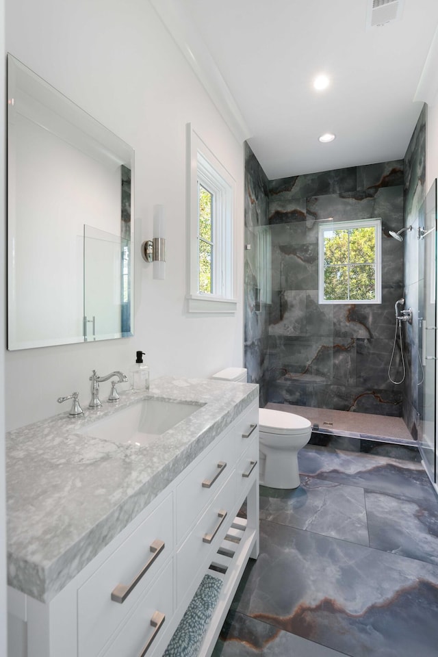 2538 Helmsman Rd, Johns Island, SC 29455 - bathroom featuring vanity, toilet, a marble finish shower, and plenty of natural light