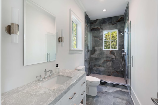 2538 Helmsman Rd, Johns Island, SC 29455 - bathroom with recessed lighting, toilet, marble finish floor, a shower stall, and vanity