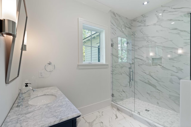 2538 Helmsman Rd, Johns Island, SC 29455 - bathroom with recessed lighting, baseboards, marble finish floor, vanity, and a marble finish shower