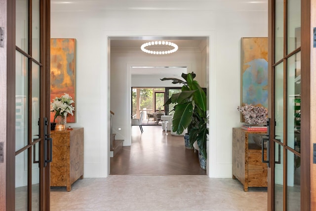 2538 Helmsman Rd, Johns Island, SC 29455 - corridor with crown molding, french doors, and stairs