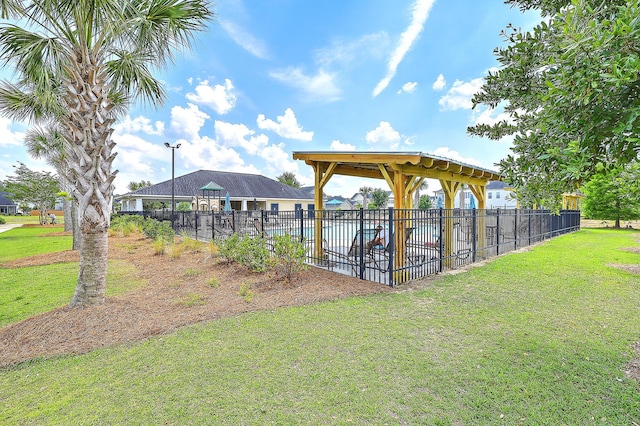 surrounding community with fence and a lawn