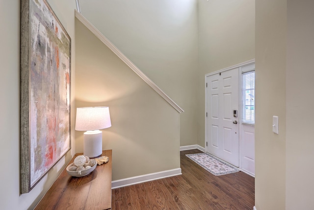 entrance foyer with baseboards, a high ceiling, and wood finished floors
