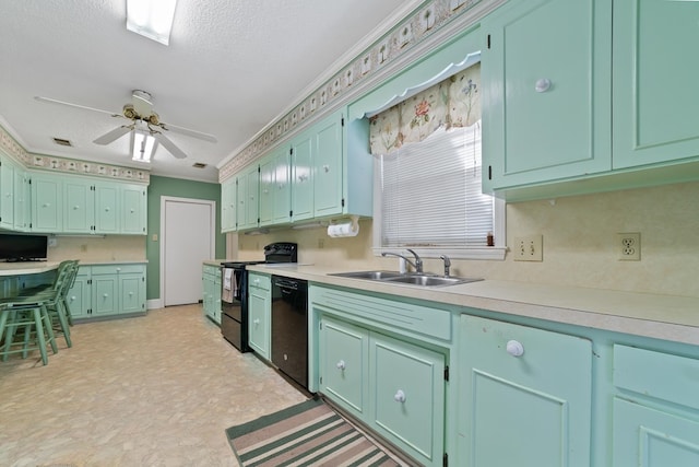 kitchen with black appliances, ceiling fan, sink, ornamental molding, and a textured ceiling