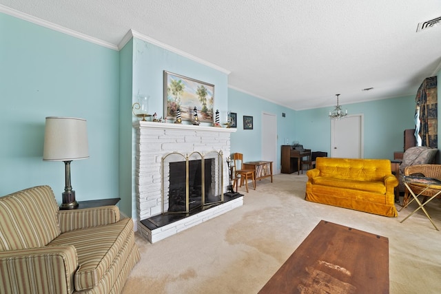 carpeted living room with a fireplace, crown molding, and a textured ceiling