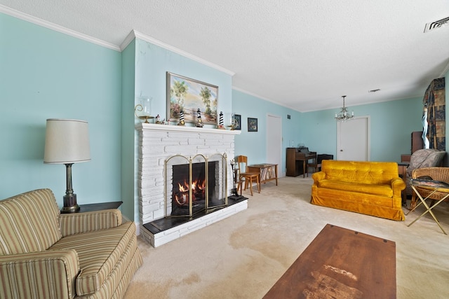 carpeted living room featuring a textured ceiling and crown molding