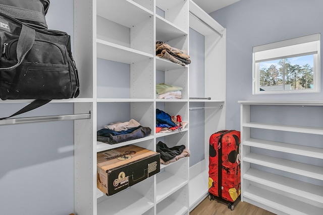 walk in closet with wood finished floors