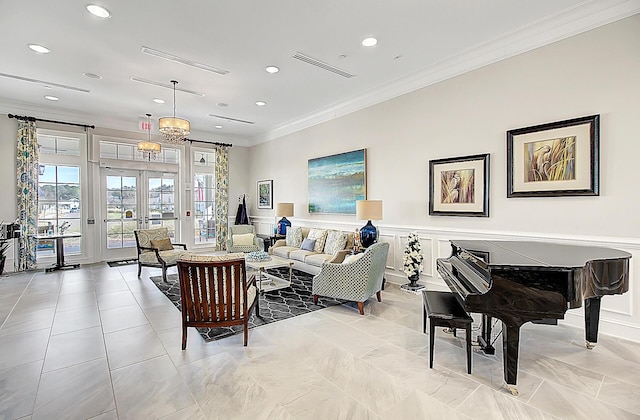 living room with light tile patterned floors, crown molding, french doors, and a healthy amount of sunlight