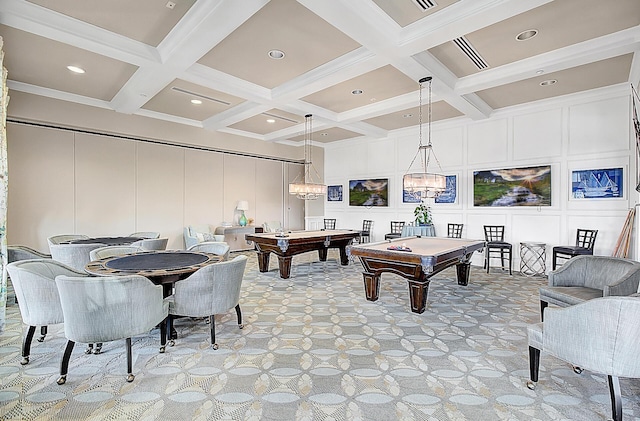 recreation room with light carpet, coffered ceiling, and beamed ceiling