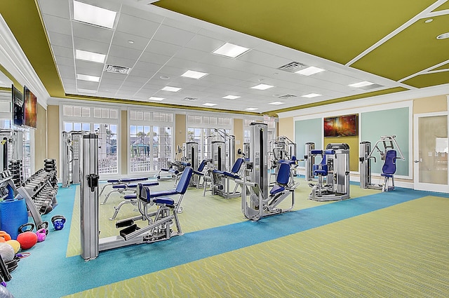 exercise room featuring a drop ceiling and carpet flooring