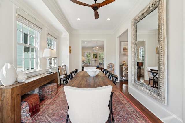 dining space with crown molding, ceiling fan with notable chandelier, dark hardwood / wood-style floors, and plenty of natural light