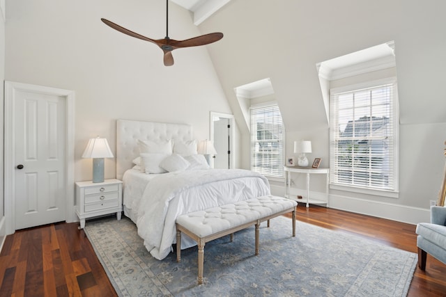 bedroom featuring high vaulted ceiling, dark hardwood / wood-style flooring, and ceiling fan