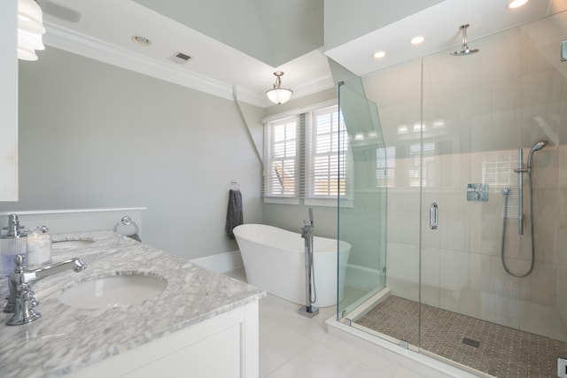 bathroom with crown molding, tile patterned flooring, vanity, and plus walk in shower