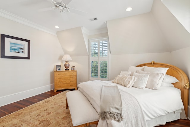 bedroom featuring ornamental molding, ceiling fan, vaulted ceiling, and dark hardwood / wood-style flooring