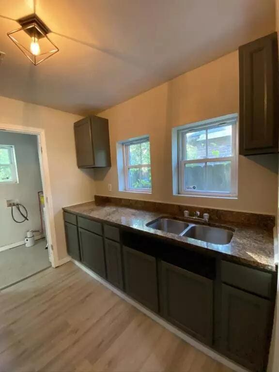 kitchen featuring dark brown cabinets, light wood-type flooring, and sink