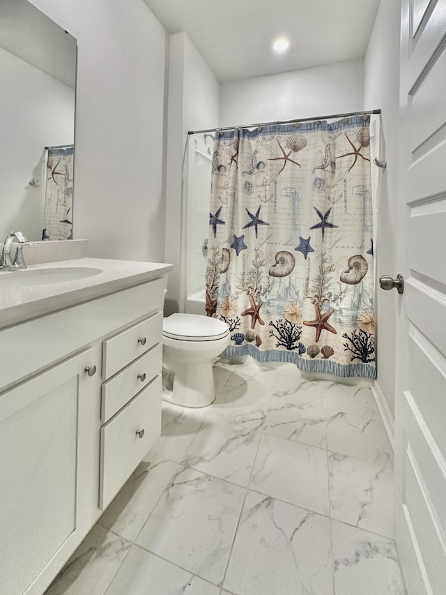 full bathroom with toilet, vanity, and shower / bathtub combination with curtain