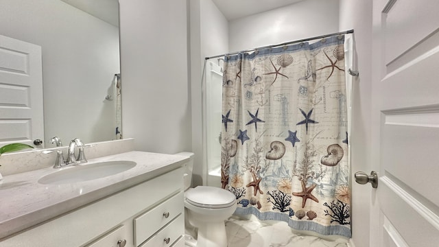 full bathroom with vanity, shower / bathtub combination with curtain, and toilet