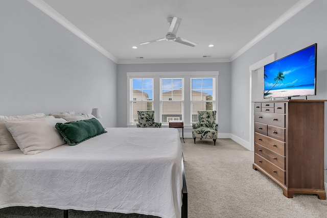 1182 Welcome Dr, Mount Pleasant, SC 29464 - bedroom with light colored carpet, crown molding, baseboards, a ceiling fan, and recessed lighting