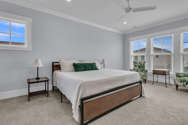 1182 Welcome Dr, Mount Pleasant, SC 29464 - bedroom with light colored carpet, ornamental molding, baseboards, recessed lighting, and ceiling fan