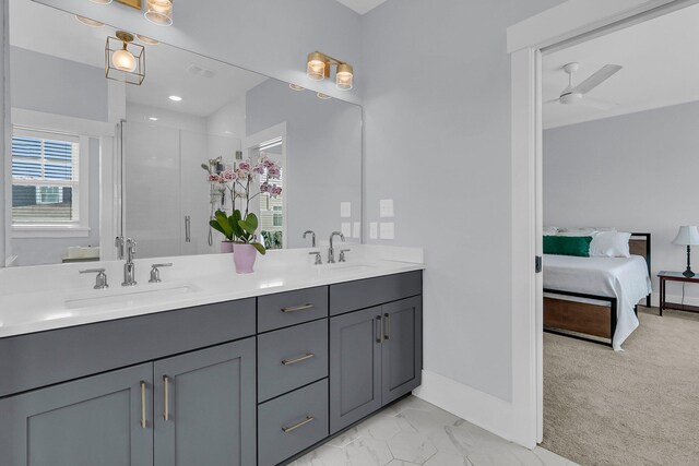 1182 Welcome Dr, Mount Pleasant, SC 29464 - full bath featuring double vanity, a shower stall, baseboards, and ceiling fan