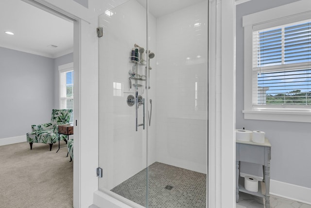 1182 Welcome Dr, Mount Pleasant, SC 29464 - bathroom with baseboards, a shower stall, healthy amount of natural light, and vanity