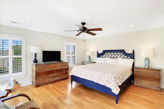 103 Grand Pavilion Blvd, Isle Of Palms, SC 29451 - bedroom with light wood-style flooring, baseboards, visible vents, recessed lighting, and ceiling fan