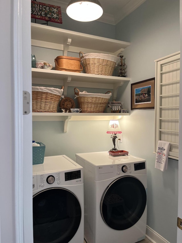 3998 Capensis Ln, Ravenel, SC 29470 - laundry room with washer and dryer and crown molding