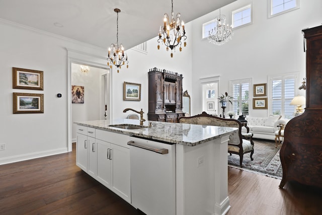 3998 Capensis Ln, Ravenel, SC 29470 - kitchen with a sink, a chandelier, dishwasher, dark wood finished floors, and ornamental molding