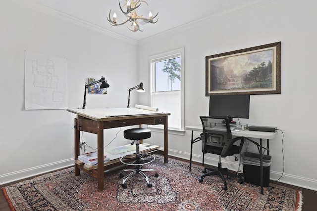 3998 Capensis Ln, Ravenel, SC 29470 - office space featuring a chandelier, baseboards, ornamental molding, and wood finished floors