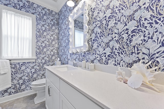 3998 Capensis Ln, Ravenel, SC 29470 - bathroom featuring wallpapered walls, baseboards, ornamental molding, toilet, and vanity