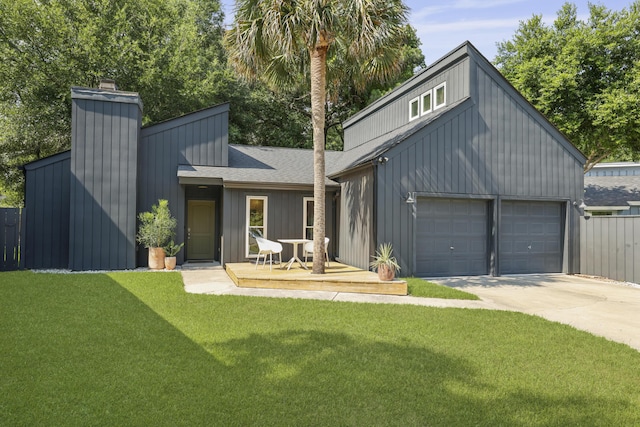 1368 Little David Ct, Charleston, SC 29412 - mid-century modern home featuring a chimney, concrete driveway, an attached garage, board and batten siding, and a shingled roof