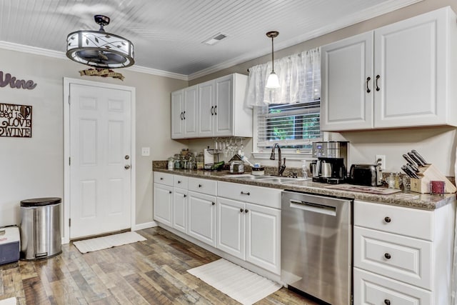 414 Birch Ave, Goose Creek, SC 29445 - kitchen with dishwasher, white cabinetry, crown molding, and light wood-style flooring