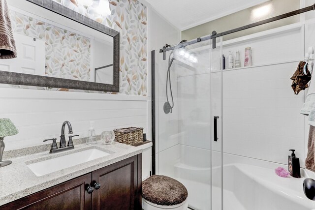 414 Birch Ave, Goose Creek, SC 29445 - full bathroom with a shower with door, vanity, and wallpapered walls