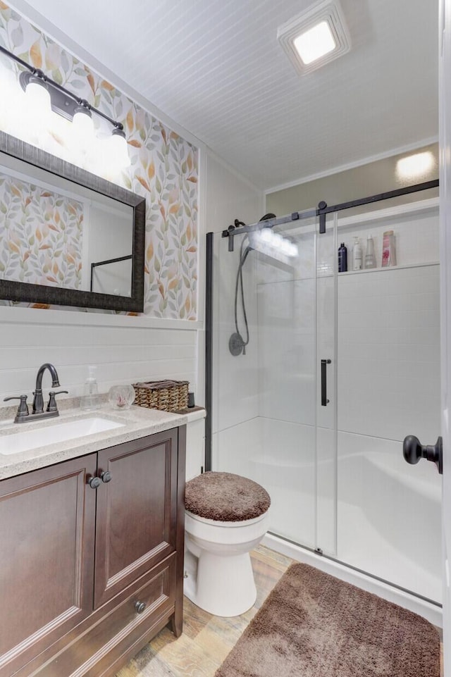 414 Birch Ave, Goose Creek, SC 29445 - bathroom featuring crown molding, vanity, and a stall shower