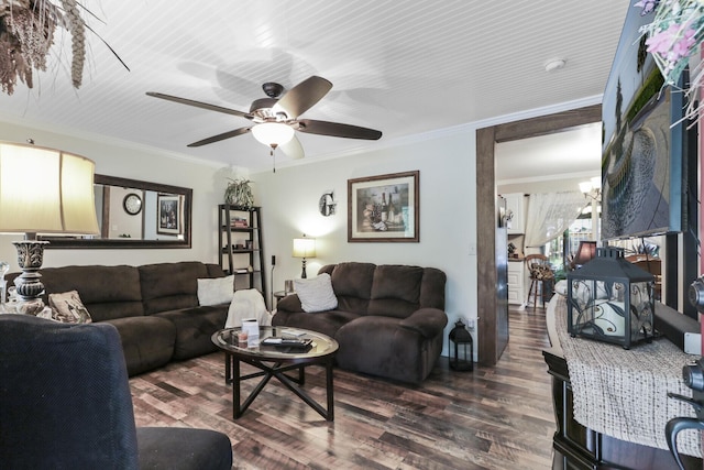 414 Birch Ave, Goose Creek, SC 29445 - living room featuring dark wood-style floors, crown molding, and ceiling fan
