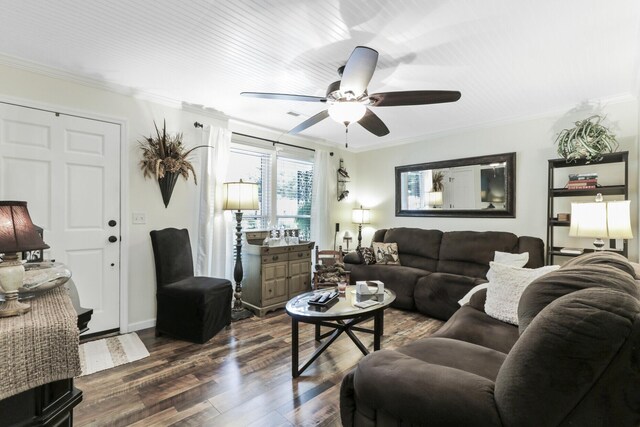 414 Birch Ave, Goose Creek, SC 29445 - living area with ornamental molding, dark wood-style floors, and a ceiling fan