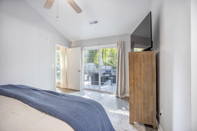 512 Castle Hall Rd, Mount Pleasant, SC 29464 - bedroom featuring access to exterior, vaulted ceiling, wood finished floors, ceiling fan, and baseboards