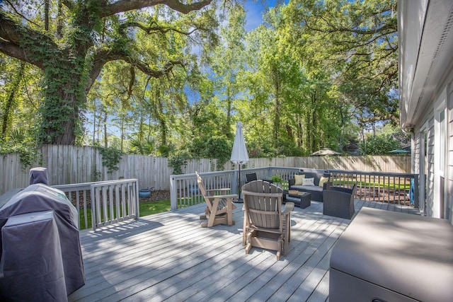 512 Castle Hall Rd, Mount Pleasant, SC 29464 - wooden deck featuring an outdoor living space, a fenced backyard, and a grill