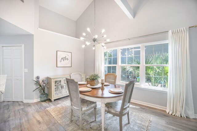 512 Castle Hall Rd, Mount Pleasant, SC 29464 - dining space with high vaulted ceiling, a chandelier, baseboards, plenty of natural light, and light wood finished floors