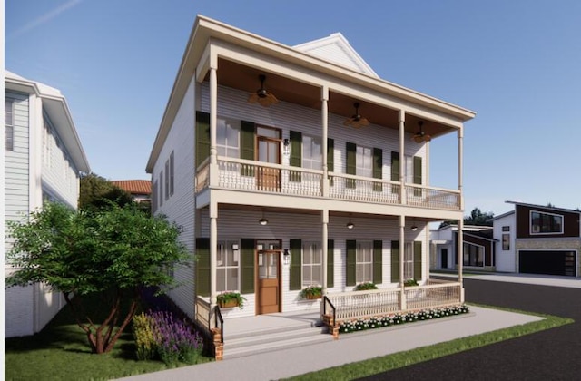 rear view of property featuring a ceiling fan, a porch, and a balcony
