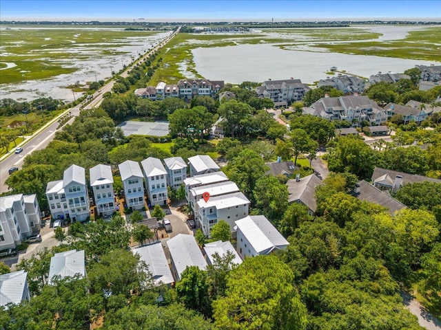 aerial view with a water view and a residential view