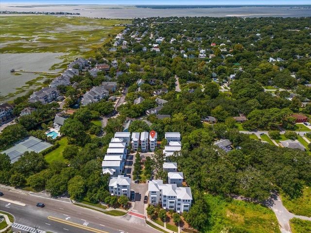 drone / aerial view with a water view